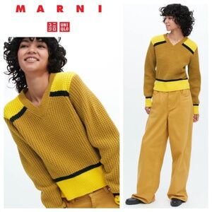 NEW Marni x Uniqlo Crop Sweater Pullover XS Yellow Gold Popcorn Knit Wool